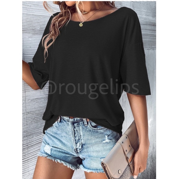 Black Tee Shirt Cut Put Mock Racer Back Batwing Sleeve Loose Fit Boat Neck - Picture 4 of 7